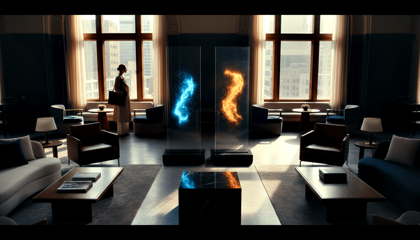 CGI lounge with glowing cyan and amber glass columns, leather chairs, marble cube foreground, city skyline windows, woman in light coat.