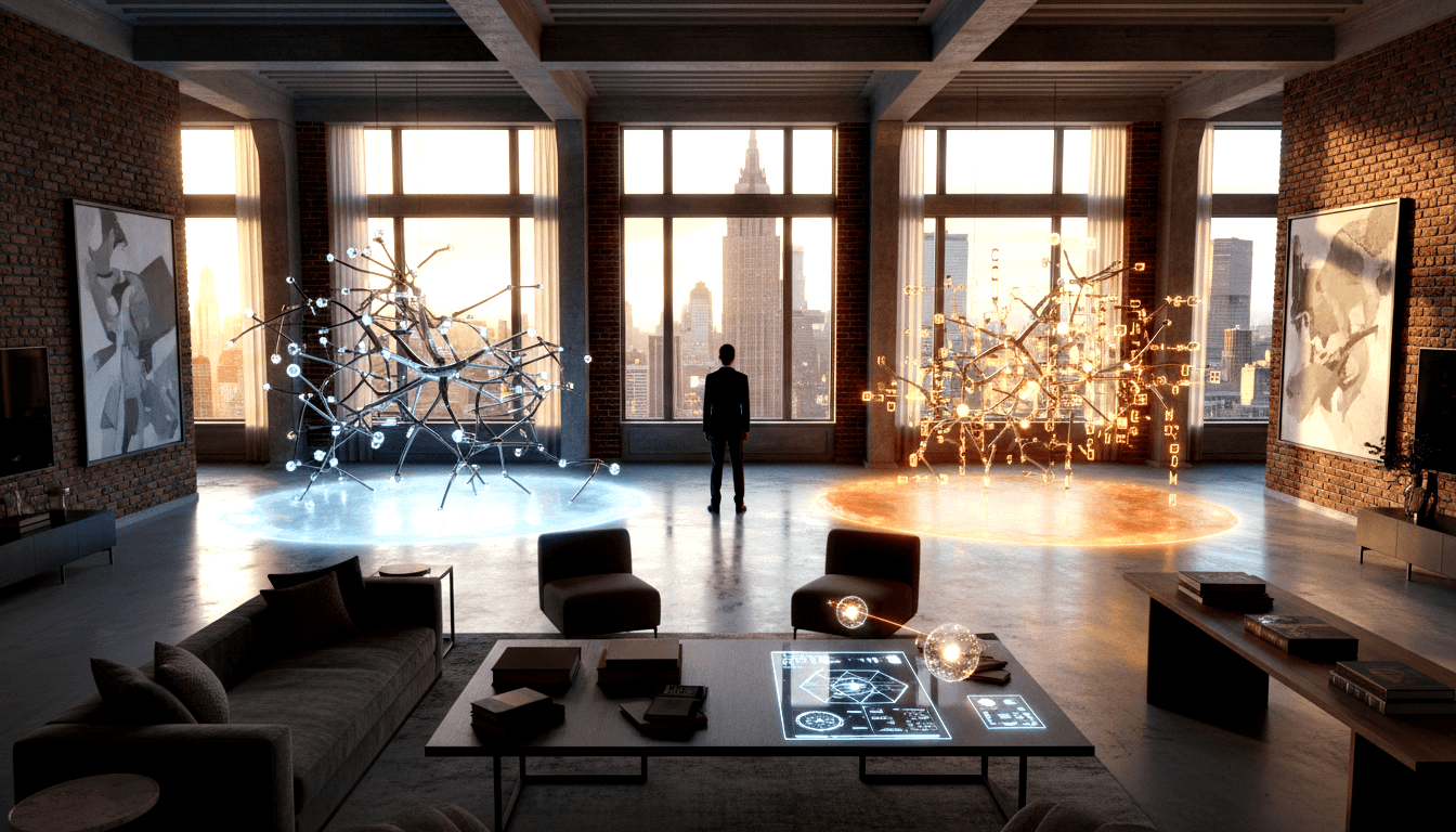 Silhouetted man in dark suit stands between blue and amber network sculptures in an industrial loft with floor-to-ceiling windows at sunset.