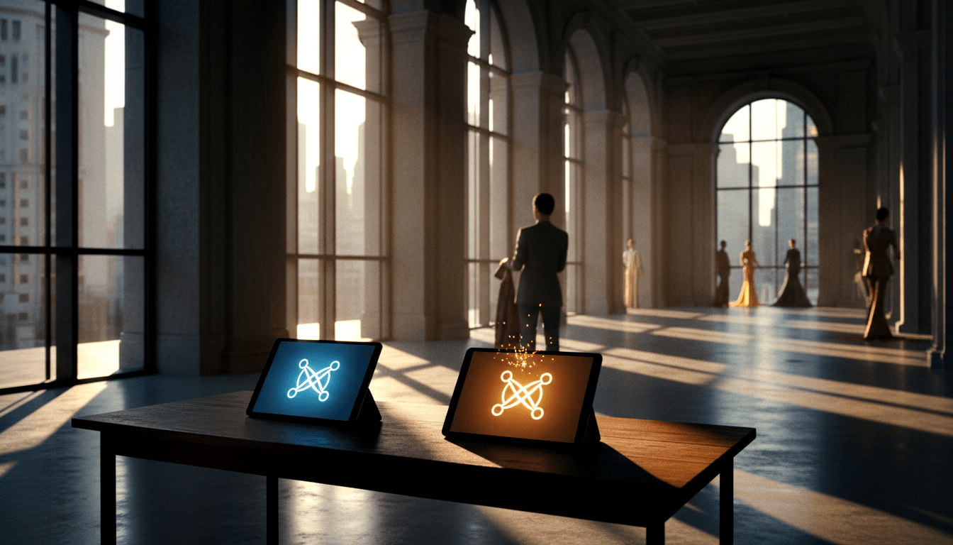 Two tablets on stands on dark wood table: left shows blue network icon, right shows amber version with floating sparks above.