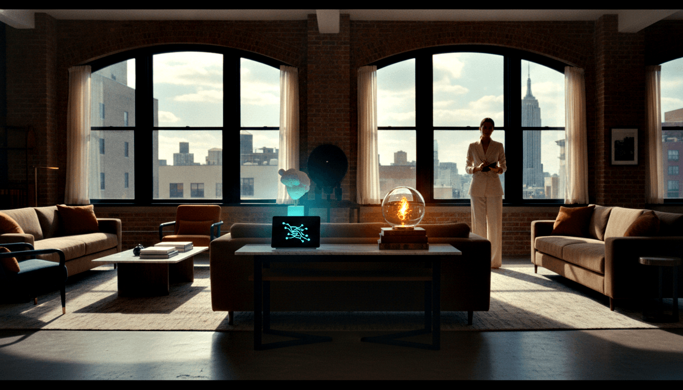 Loft with brick walls, arched windows; woman in white pantsuit holds device; table has cyan tablet and amber glass orb.