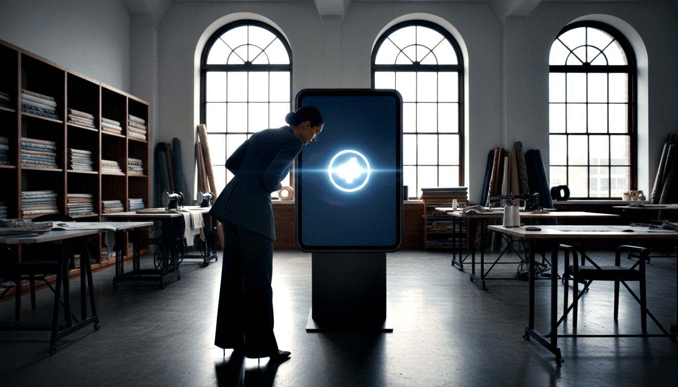 Adult in dark wide-leg trousers and jacket leans toward a large vertical touchscreen kiosk with a glowing blue-white circular symbol.