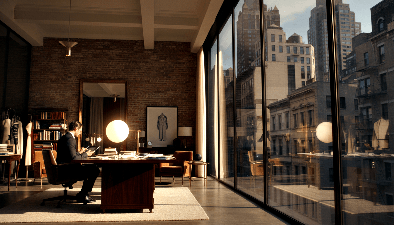 Dark-haired man in dark suit sits at a paper-covered wooden executive desk in a room with exposed brick walls and floor-to-ceiling city windows.