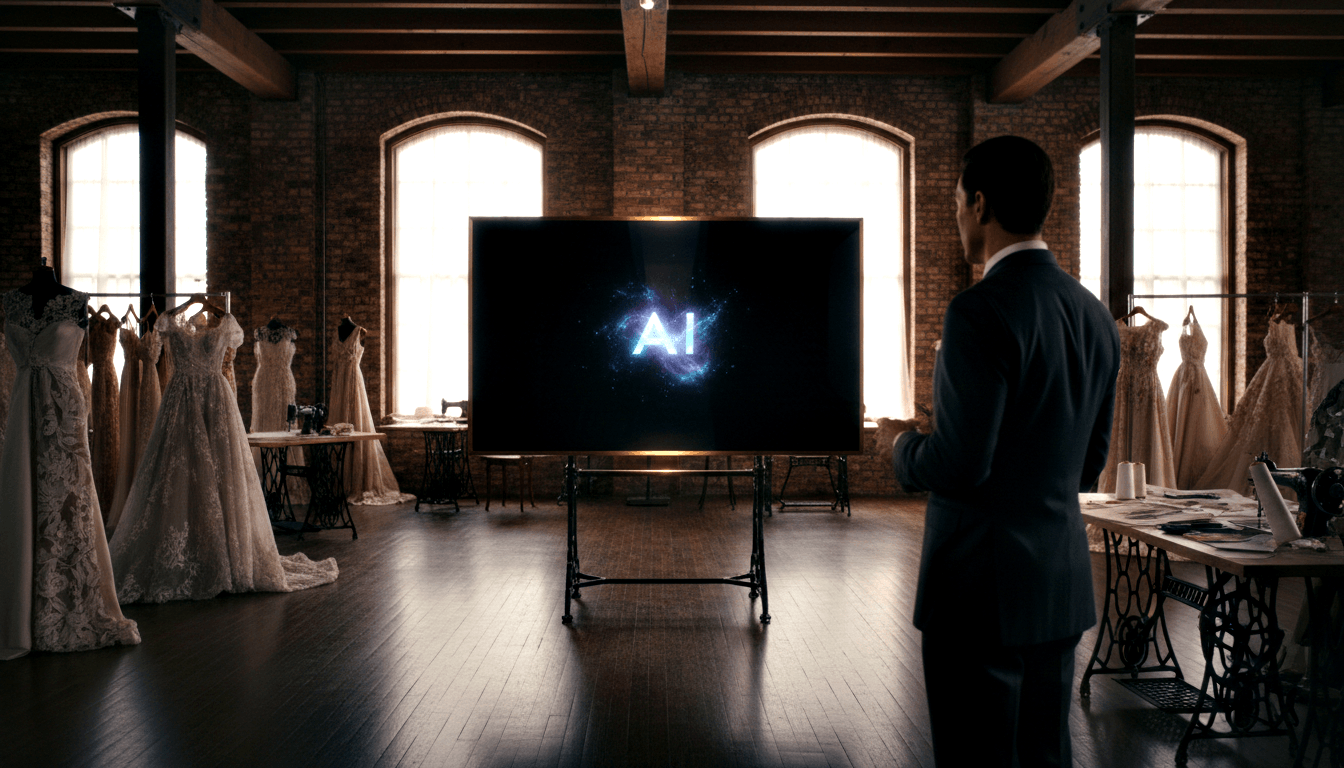 Person in dark suit facing glowing cyan particle screen in brick loft studio with bridal gowns on mannequins.