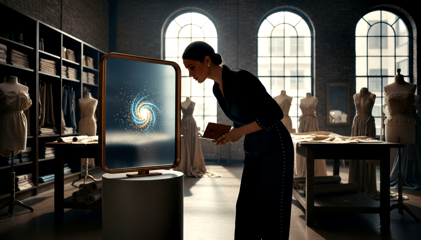 Dark-haired woman in navy top and studded skirt holds notebook, examining glowing blue-white spiral on gold-framed screen atop concrete pedestal.