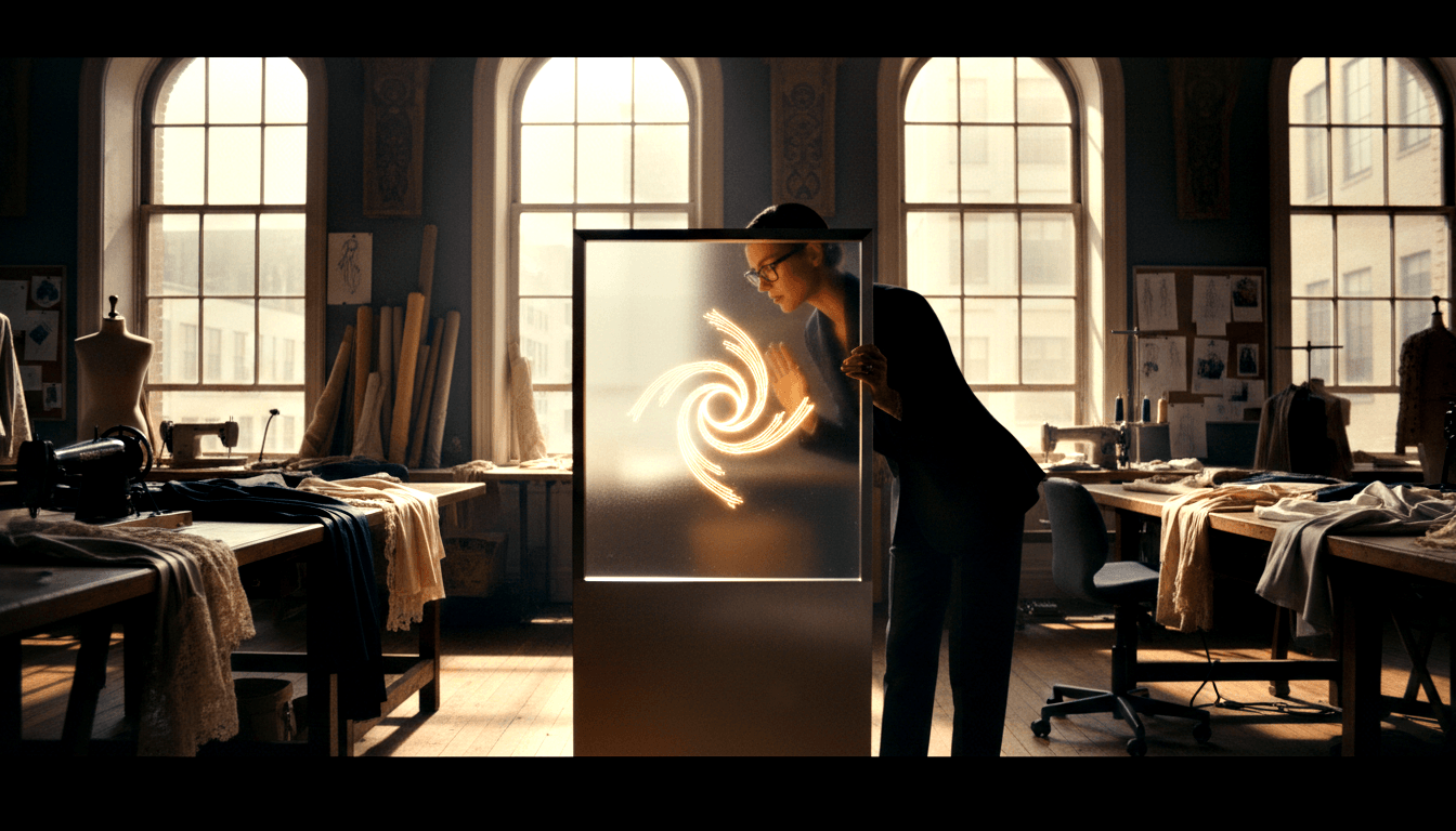 Woman in glasses reaches toward a frosted panel glowing with a golden spiral vortex in a studio with sewing machines and dress forms.