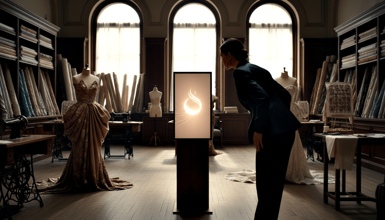 Person in dark jacket leaning forward to inspect a glowing kiosk with swan emblem, surrounded by fabric rolls, treadle machines, and dress forms.