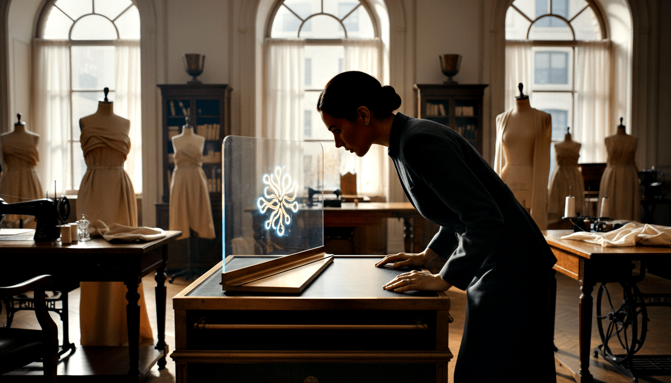 Woman with dark hair leans over a wooden desk examining a glowing blue-white floral panel atop an open book in a classical atelier.