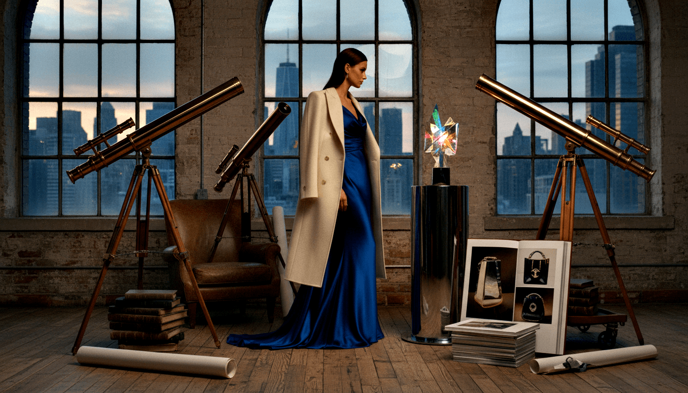 Woman in royal blue satin gown and cream coat stands between two antique brass telescopes in a loft with exposed brick and a large moon.