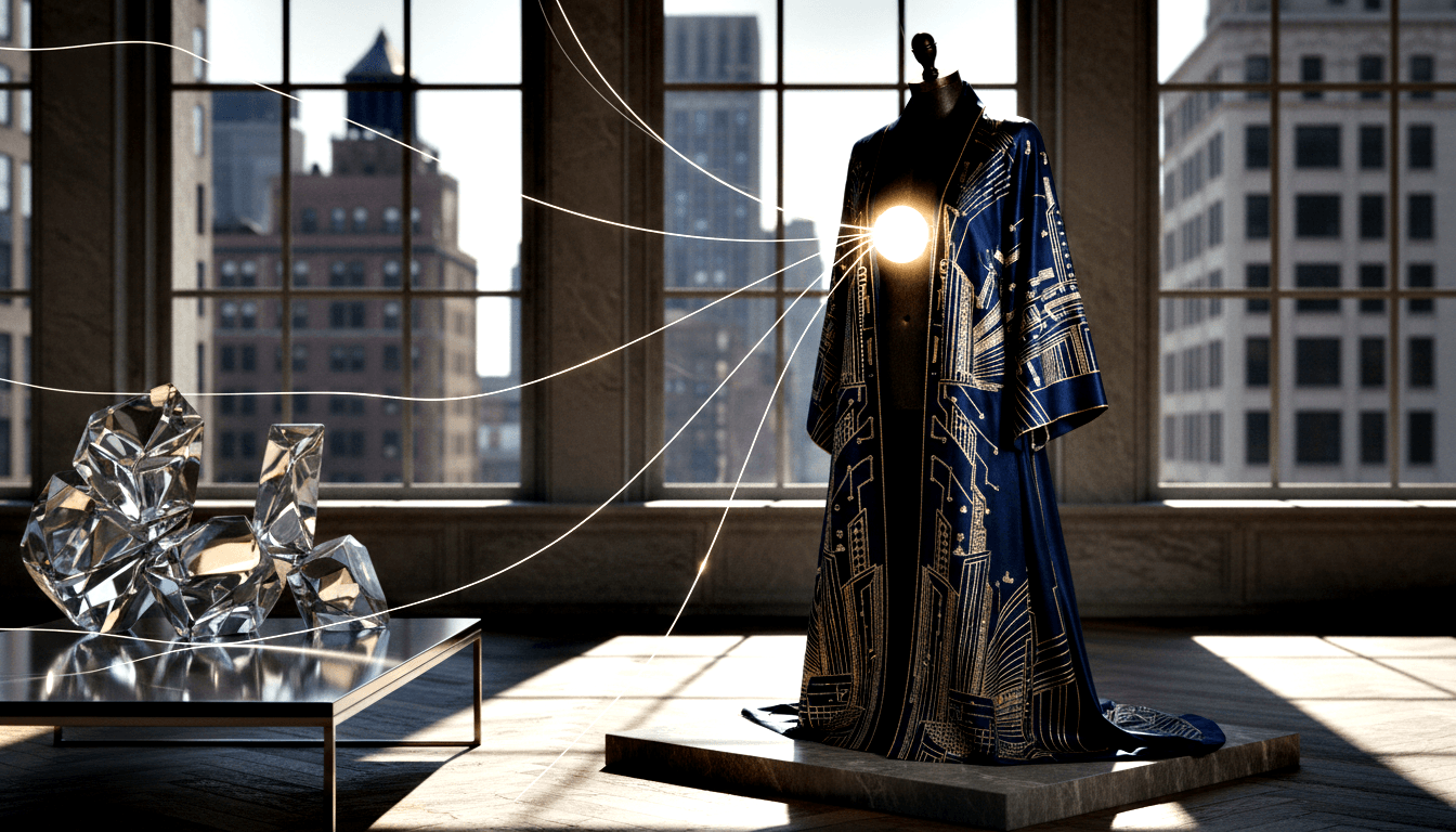 Mannequin in navy robe with gold patterns, glowing chest light; crystal sculpture on table, city view through grid windows.