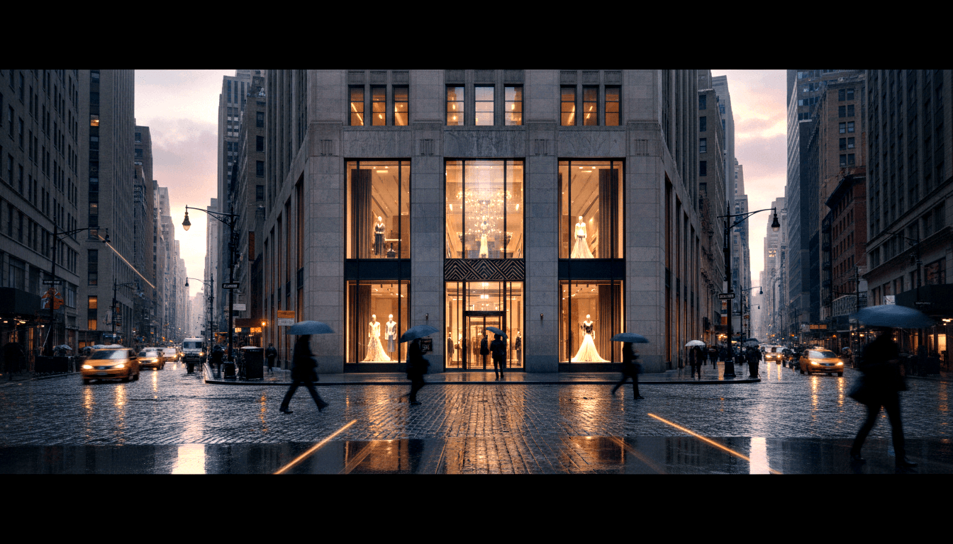 Dusk: grand lit store with mannequins in white gowns, wet cobblestone reflections, yellow taxis, blurred umbrella pedestrians.