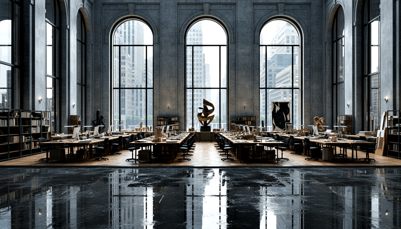 CGI studio interior: symmetrical rows of desks and monitors lead to a gold spiral sculpture; arched windows reveal skyscrapers.