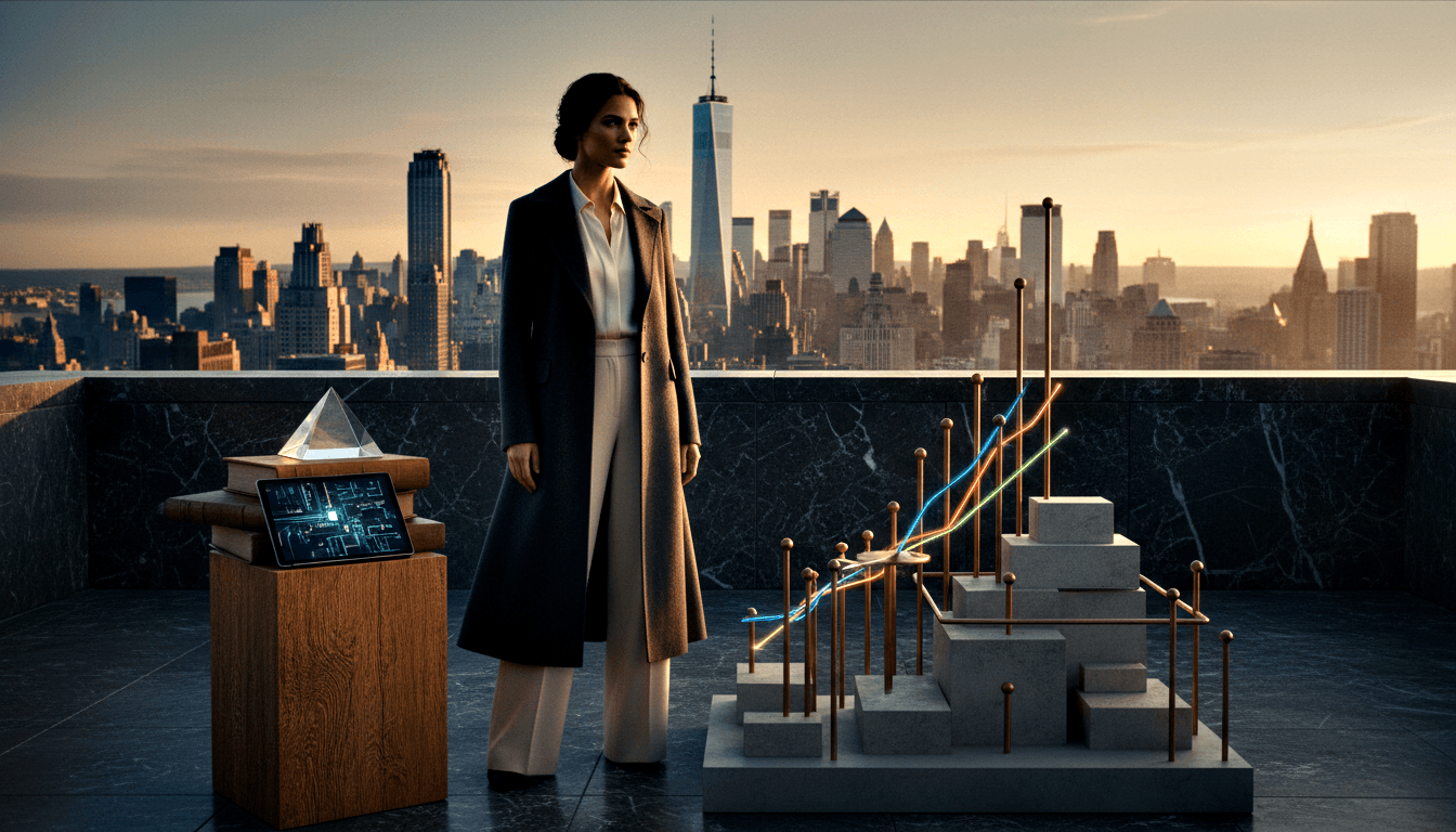 Woman in navy coat and cream wide-leg trousers on rooftop terrace, beside a stepped bar chart with trend lines and a crystal pyramid on books.