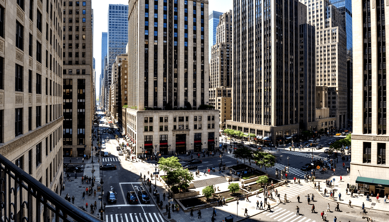 Elevated view of downtown boulevard forking around cream limestone towers, skyscrapers on both sides, pedestrians at sunken plaza.