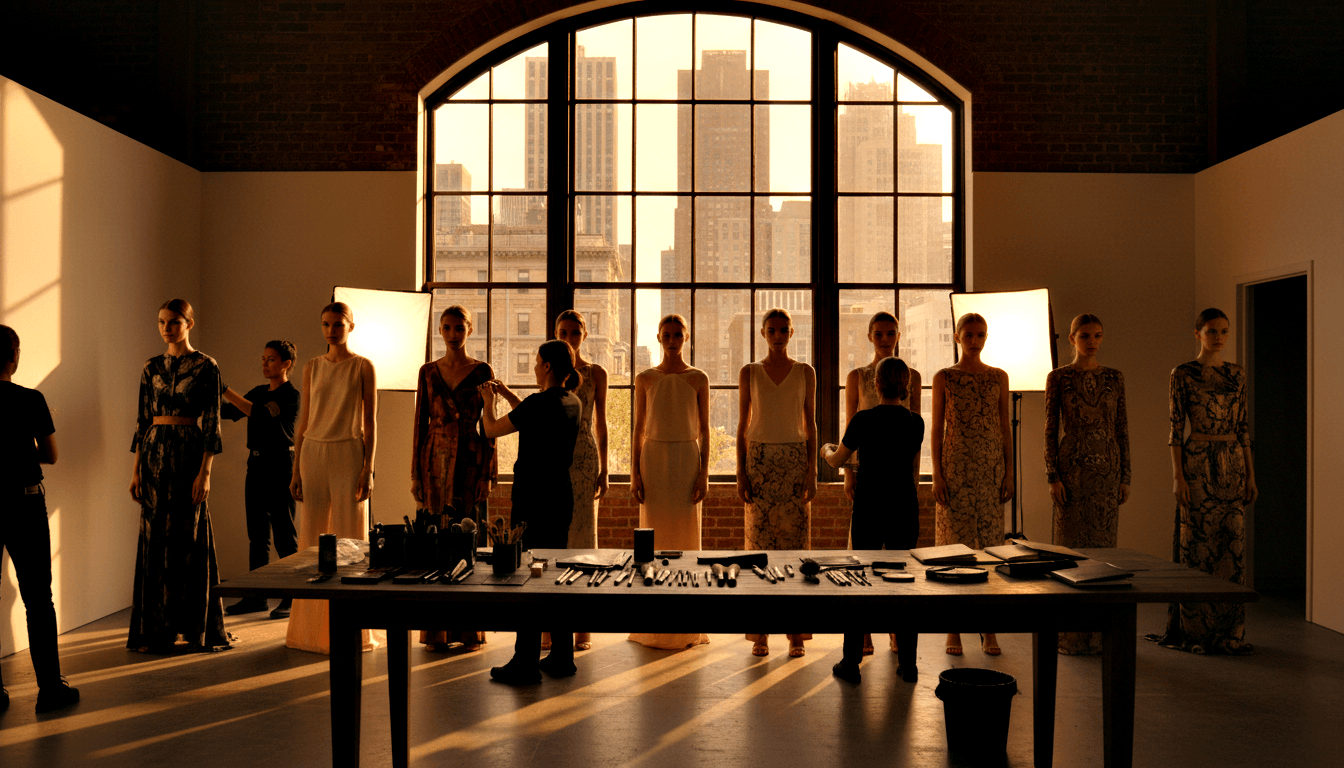 Models in a row being attended by stylists in a studio with brick walls and warm golden light through an arched industrial window.
