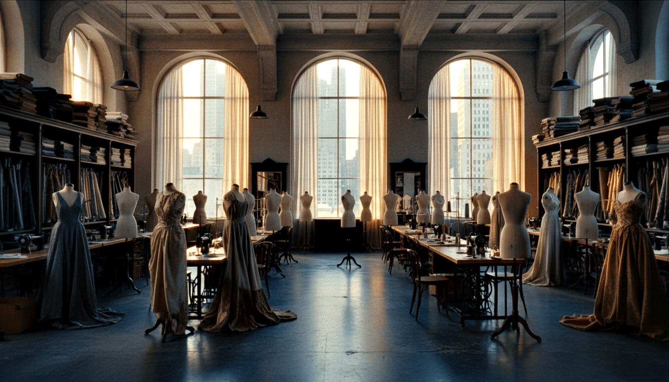 Symmetrical CGI atelier: arched golden windows, dress forms in grey-blue gowns, worktables with treadle sewing machines.