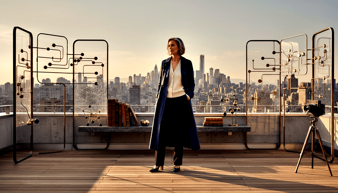 Woman in navy coat on rooftop deck flanked by metal circuit-board sculptures, books, brass atomic models, vintage camera; city skyline beyond.