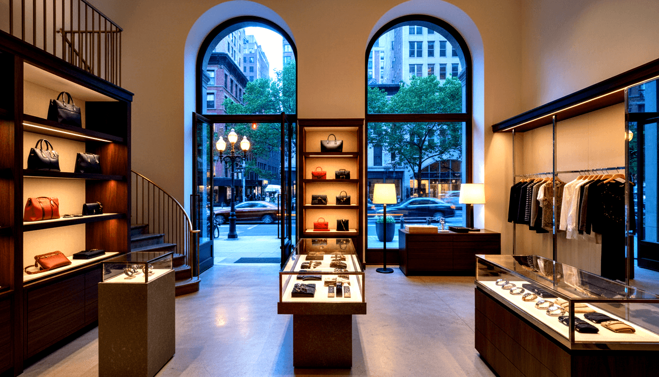 Boutique interior: walnut shelves with leather handbags, glass cases of watches, arched windows framing tree-lined street.