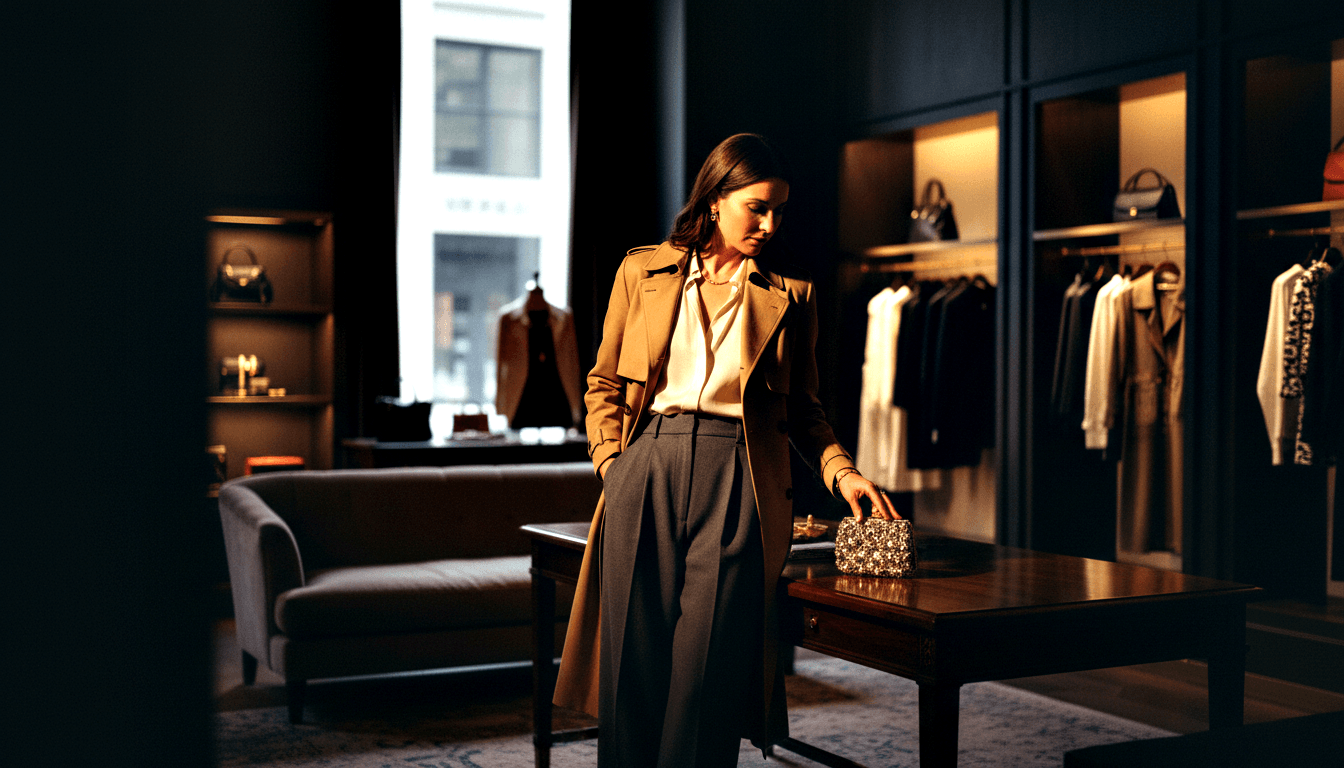 Woman in camel trench coat examines small silver beaded clutch on dark wooden table in boutique with navy walls.