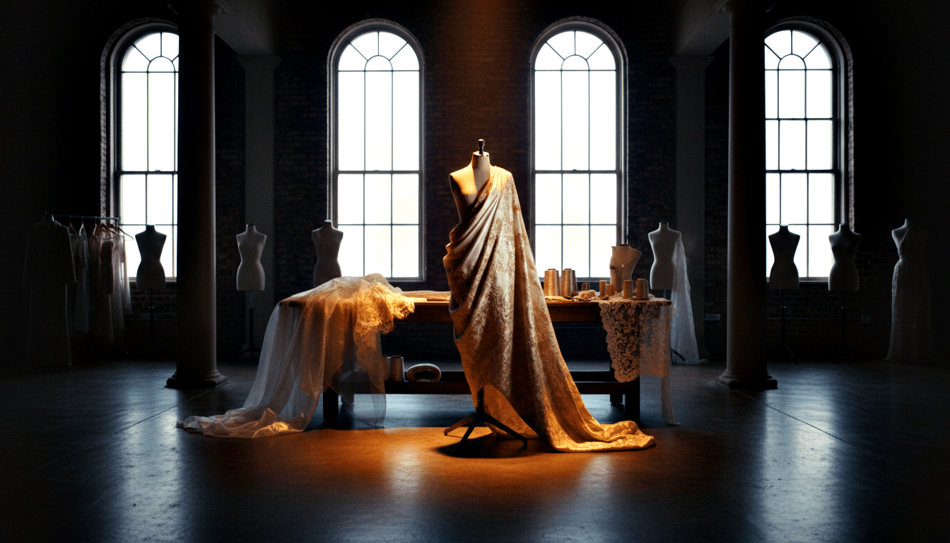 Dress form draped in golden-ivory lace and brocade pooling to the floor under amber spotlight in a dark studio with exposed brick walls.