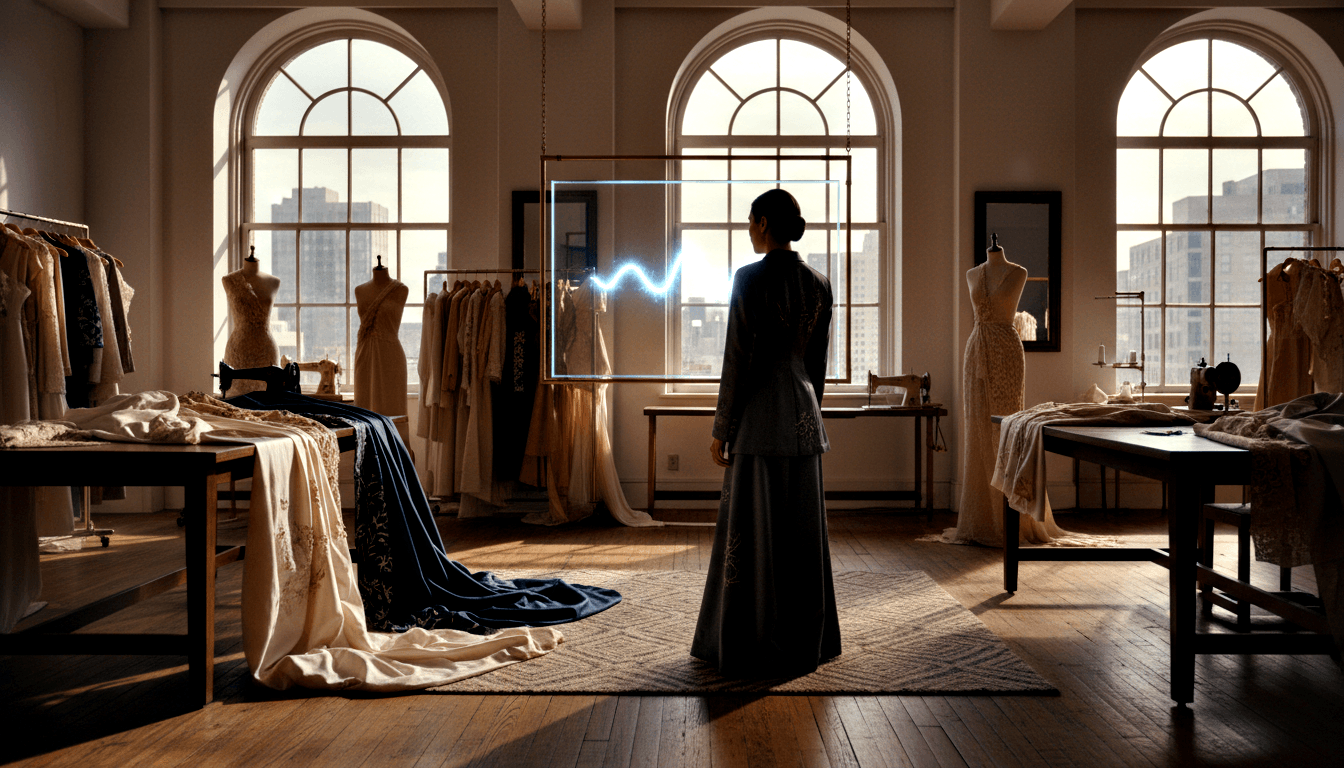 Figure from behind in embroidered jacket faces glowing chain-hung frame with blue zigzag waveform in sunlit atelier.