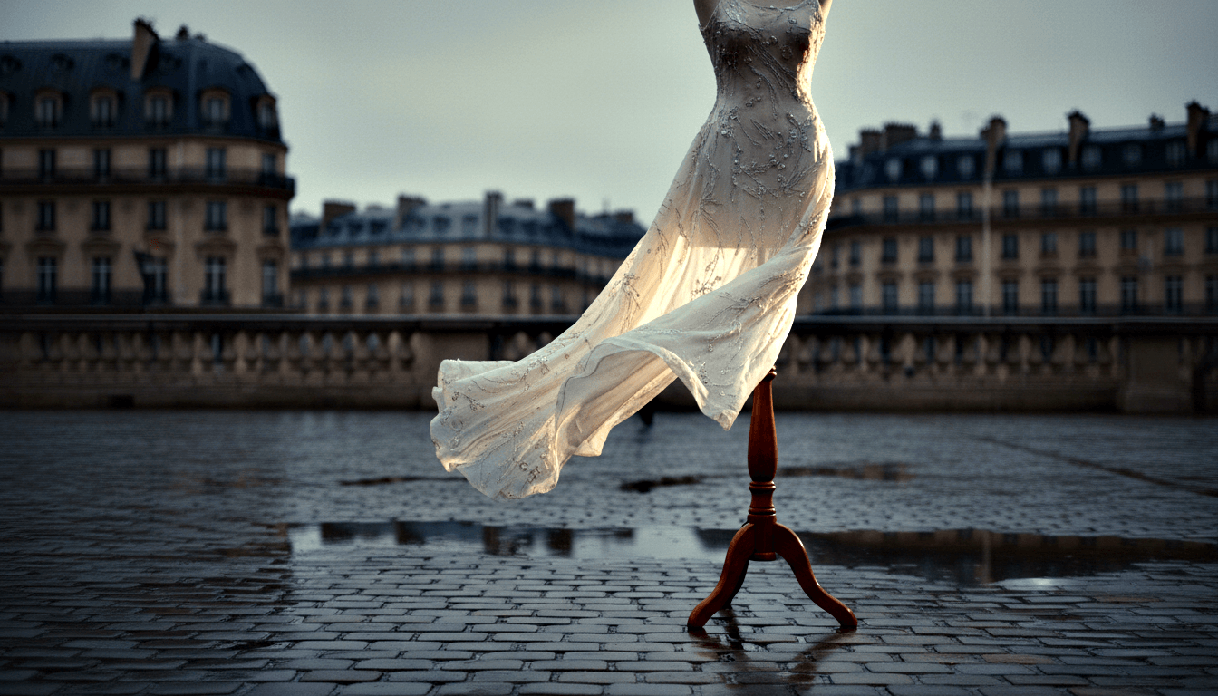 Floor-length ivory embroidered gown on a wooden tripod dress form, billowing left on wet grey cobblestones with puddle reflections.