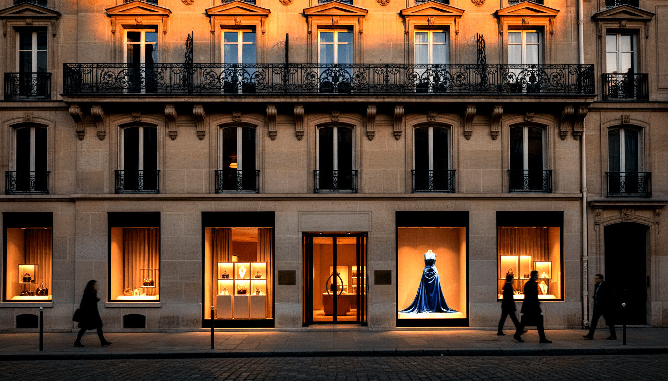 Stone building facade with amber-lit display windows flanking a central entrance, spotlit navy blue satin gown on headless mannequin.