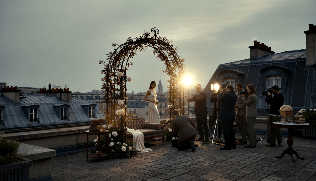 Woman in cream gown beneath a rose-decorated wrought-iron arch on a rooftop terrace, surrounded by crew with strobes and cameras.