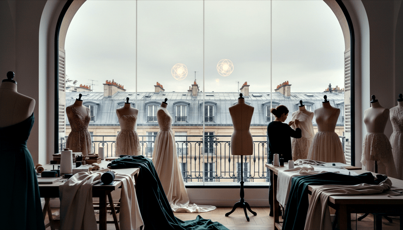 Dark-haired woman adjusting a garment on a mannequin in a fashion atelier with herringbone parquet floors and arched windows.