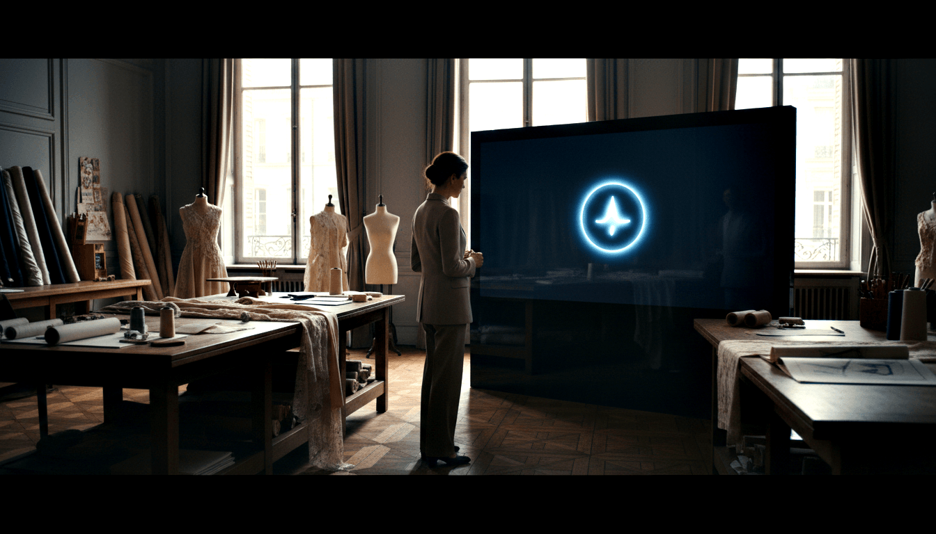 Woman in gray suit, back to camera, faces dark screen with glowing blue star in atelier with parquet floors and mannequins.