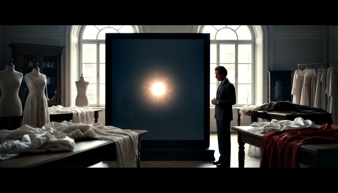 Middle-aged man with salt-and-pepper hair in a dark suit stands in profile beside a large panel emitting a glowing orb, in a classical atelier.