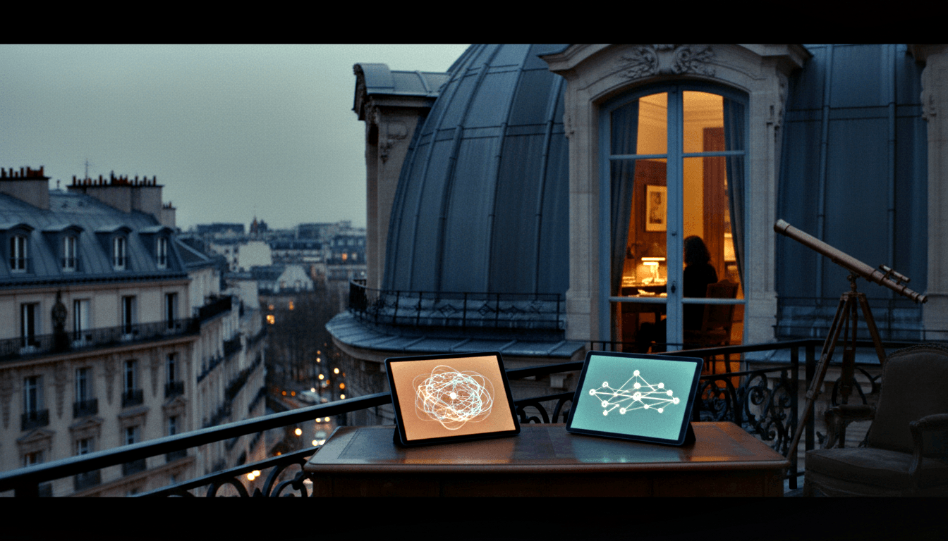 Dusk rooftop balcony, ornate railings, two tablets on wooden table, brass telescope, silhouetted figure in amber-lit arched window.