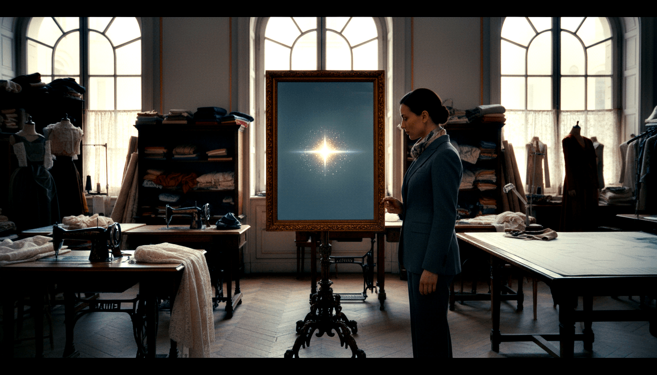 Dark-haired woman in grey-blue blazer stands in profile before a large ornate gold baroque frame on a wrought-iron easel displaying a starburst.