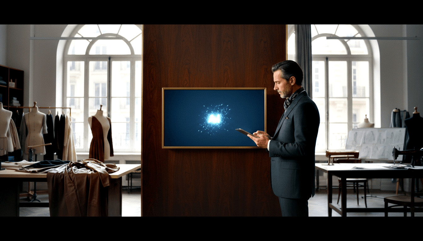 Man in charcoal suit holds tablet facing gold-framed cyan particle burst screen in fashion atelier with dress forms.