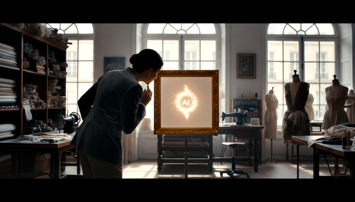 Woman in gray blazer leans toward a glowing gold-framed canvas on a stand displaying 'AI' in particle-like symbols in an atelier.