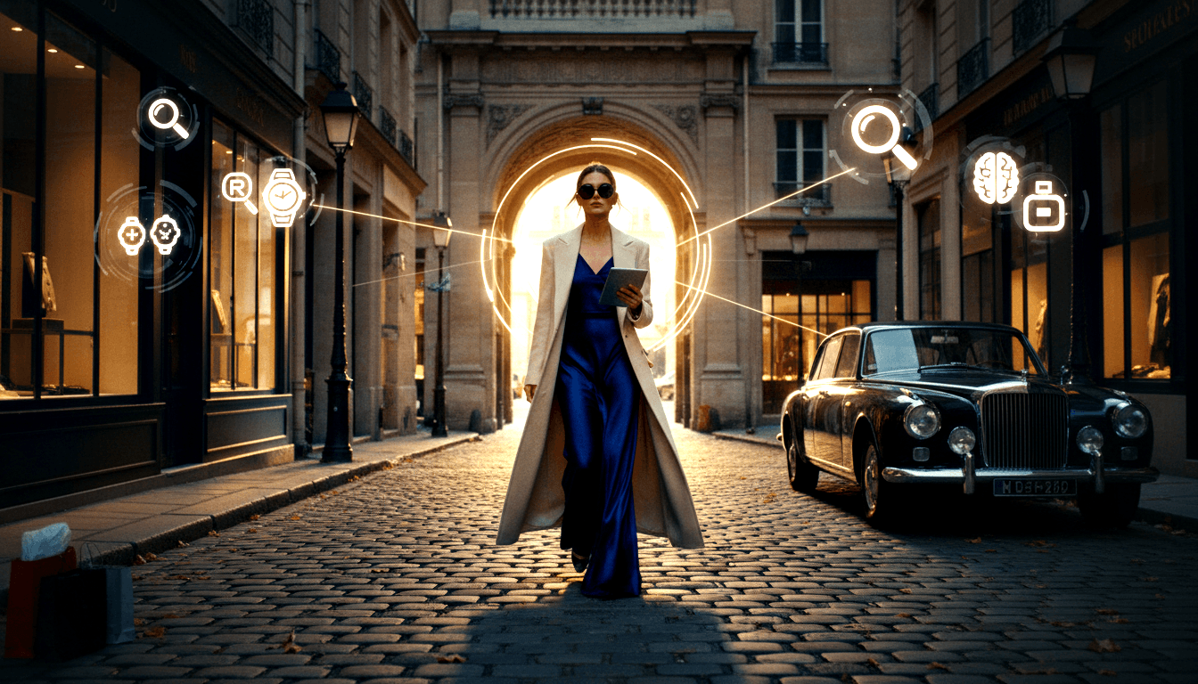 Woman in blue dress and cream blazer walks cobblestone street holding tablet with holographic icons: magnifying glass, watch, perfume, brain.