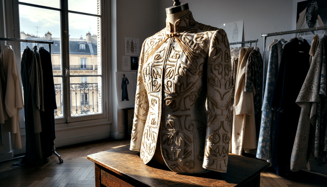 Cream-ivory jacket with dense gold cord embroidery on a dressmaker's mannequin atop a dark wooden worktable.