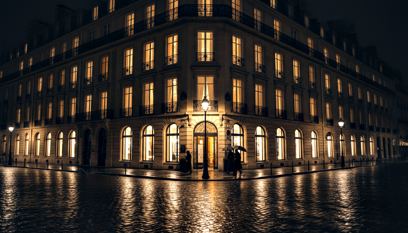 Haussmann stone building at wet night corner, amber-lit arched windows reflecting on cobblestones, silhouettes with umbrella.
