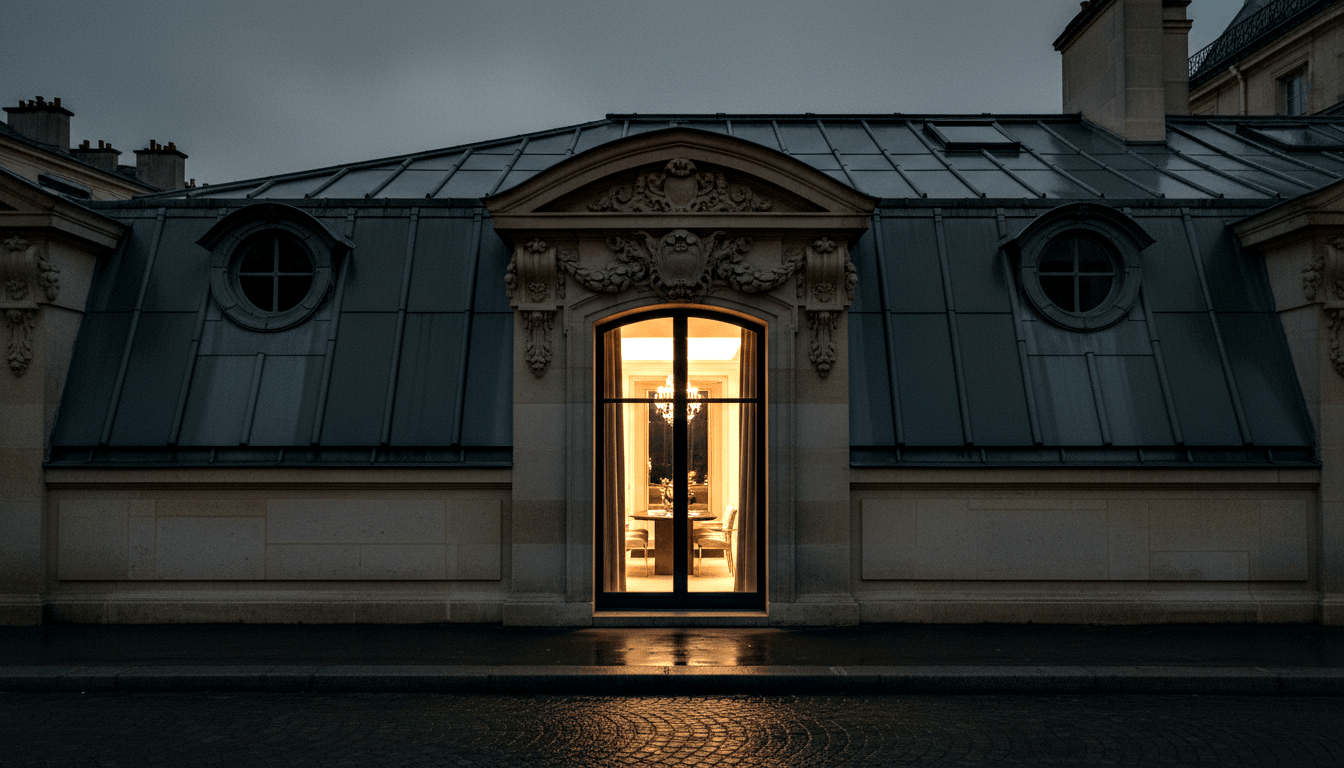 Stone façade at night: tall arch with black mullions, amber glow on wet cobblestones, flanking oculi, zinc mansard roof.