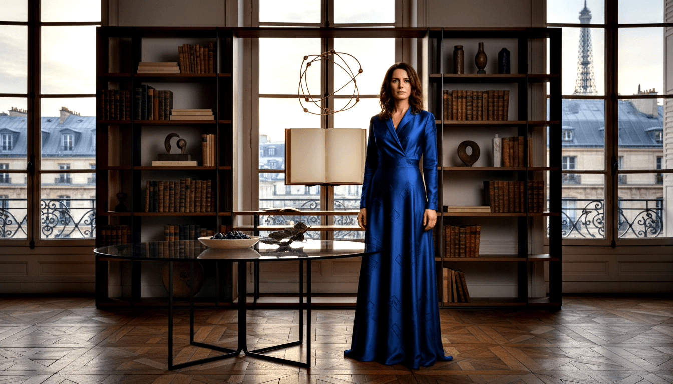 Woman in royal blue satin floor-length gown stands in a bookshelf-lined room with herringbone parquet floor and city views.