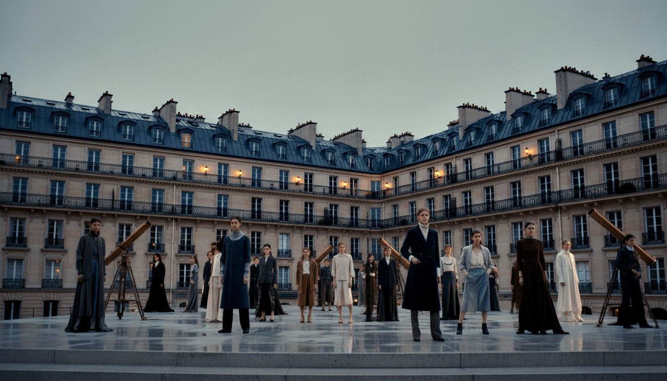 Young group in navy, charcoal, ivory coats on wet plaza before limestone mansard-roof building; brass telescopes; twilight.