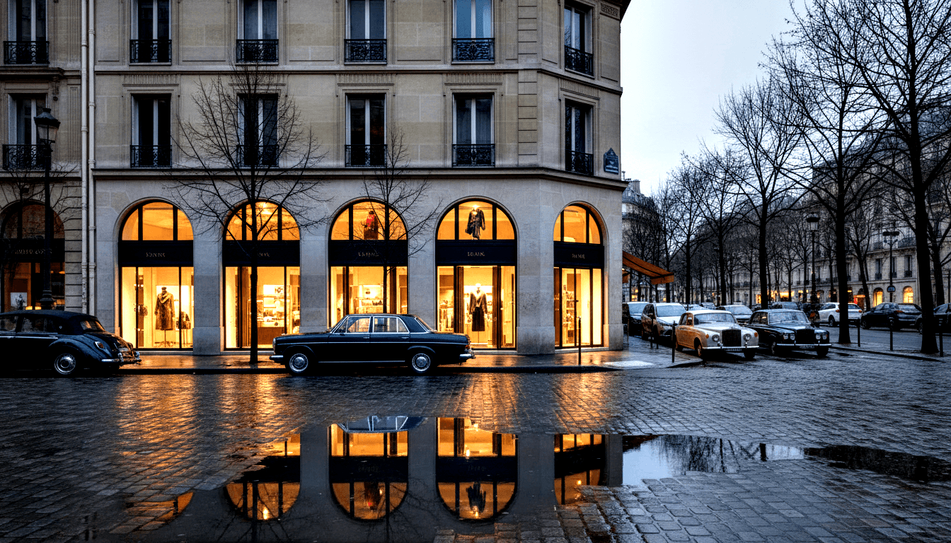 Classical stone corner building at dusk, amber arched windows glowing, wet cobblestones reflecting light, vintage cars at curb.