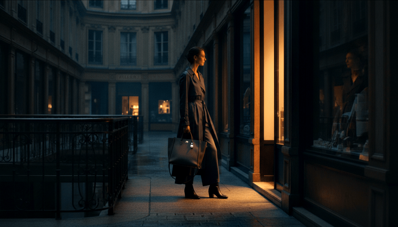 Dark-haired woman in dark trench coat and heeled boots carrying a tote, standing in profile in a night arcade.