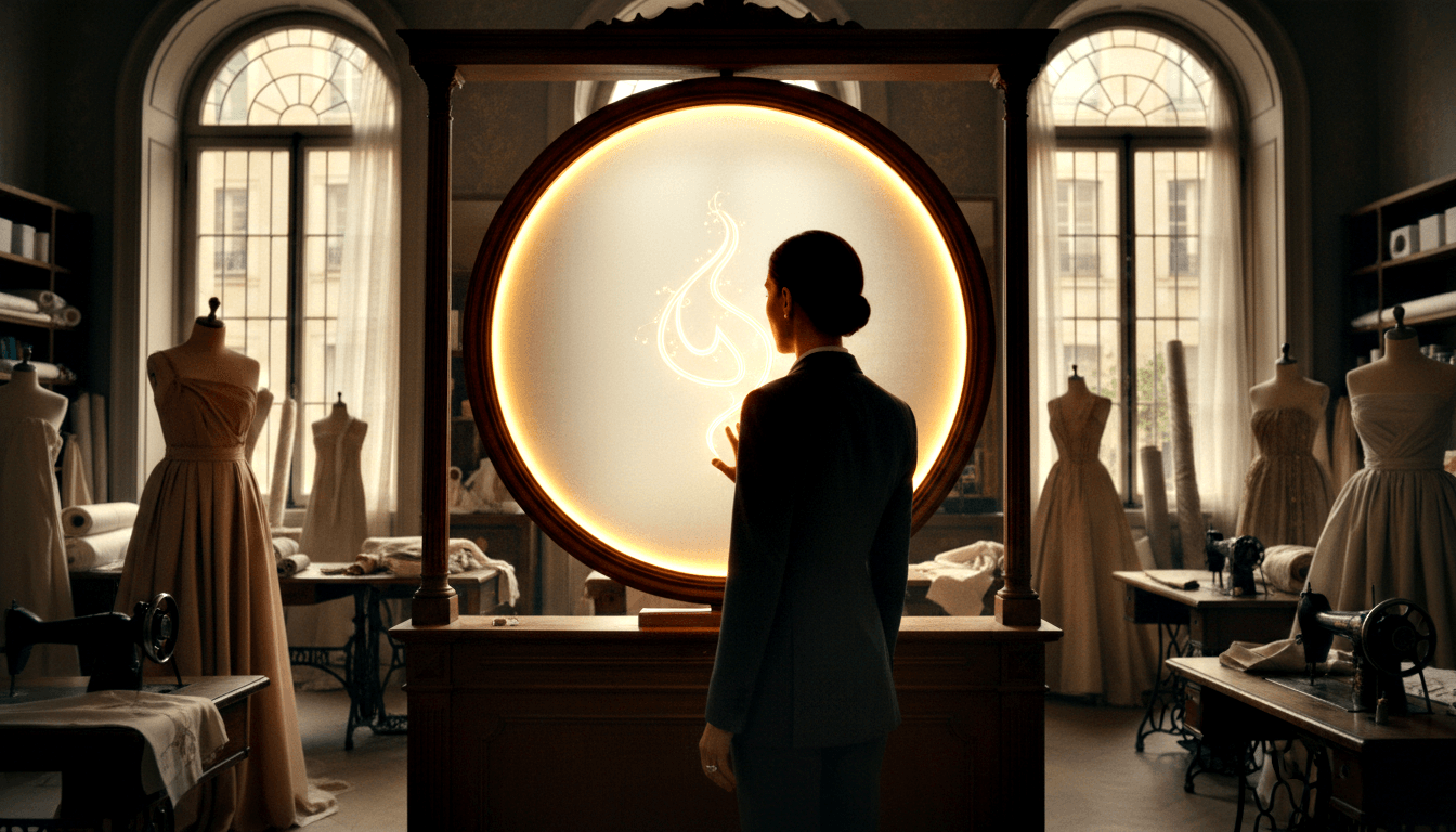 Person from behind in dark blazer facing a glowing amber circular portal with swirling symbol in a high-ceilinged atelier with dress forms.