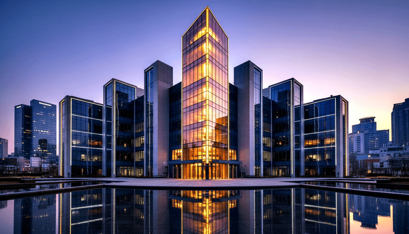 Glass tower with diamond apex glowing amber, flanked by symmetrical wings reflected in a rectangular pool at twilight.