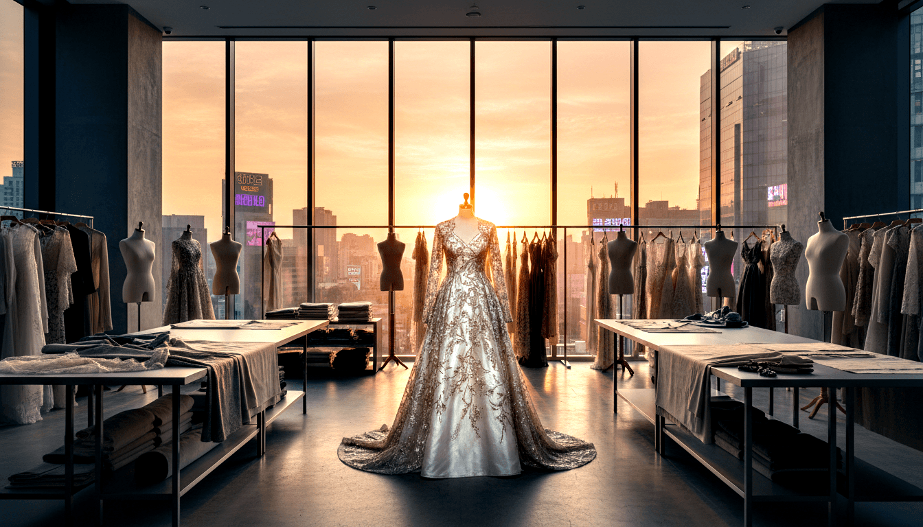 White ball gown on a dressmaker's mannequin backlit by golden-hour sunset through floor-to-ceiling atelier windows.