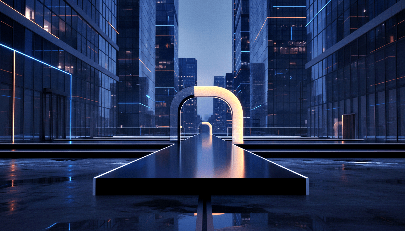 Glowing white horseshoe arch flanked by glass skyscrapers with blue and amber neon, symmetrical corridor receding to a vanishing point.