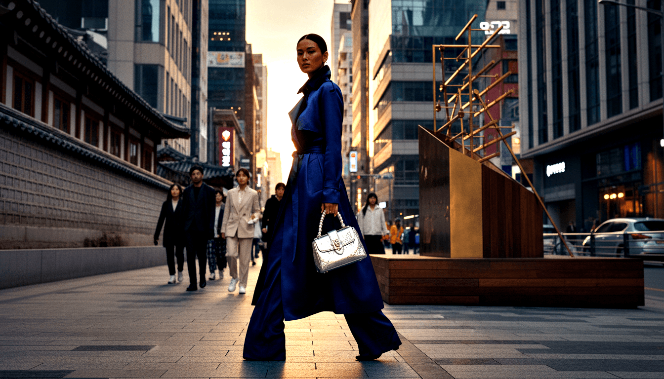 Tall woman in royal blue coat and wide-leg trousers strides on stone walkway, carrying silver handbag, backlit by golden-hour sun.