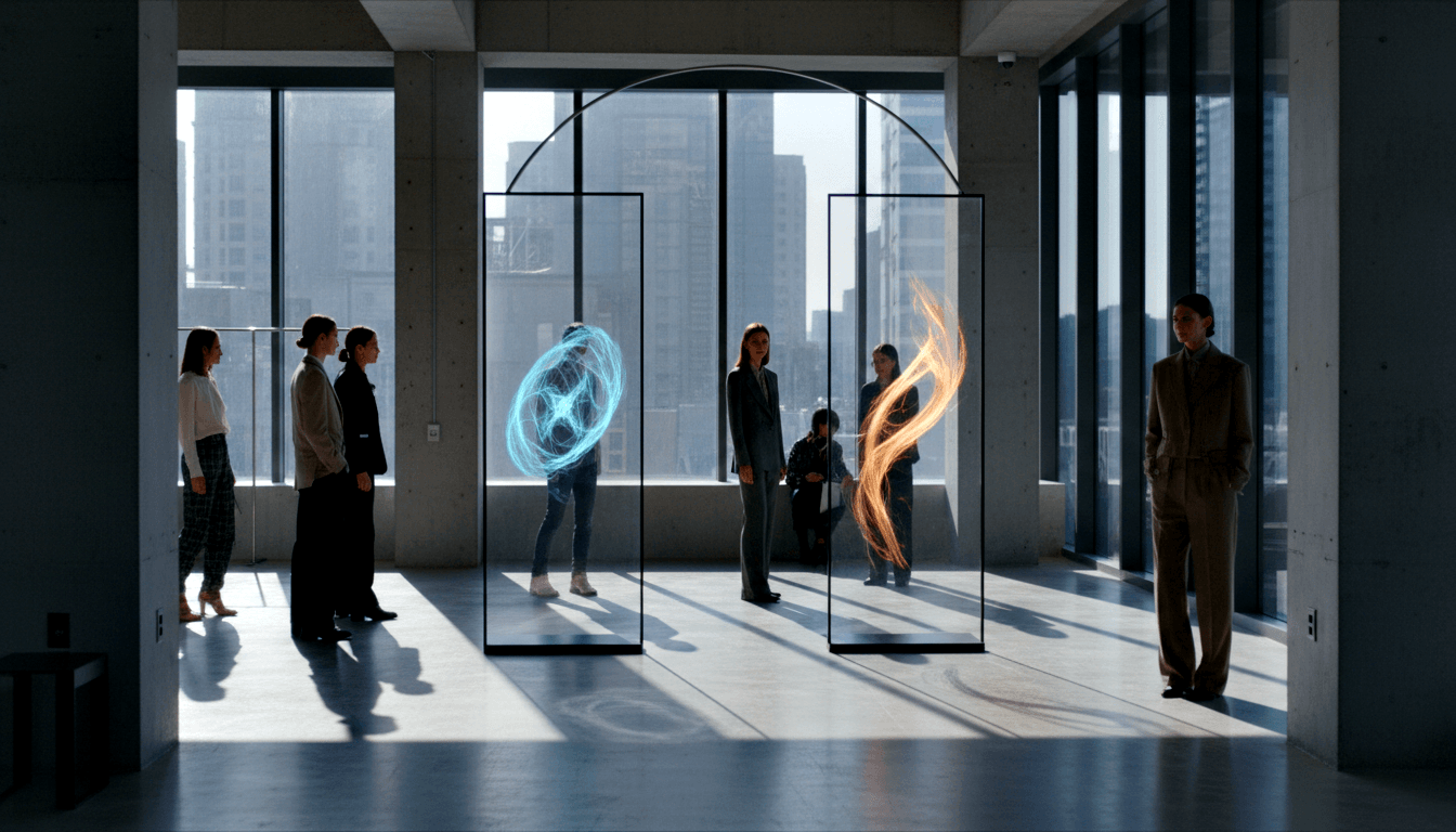Minimalist high-rise interior with two tall black metal frames displaying a cyan spiral orb and amber flame swirl, observed by 7–8 people.