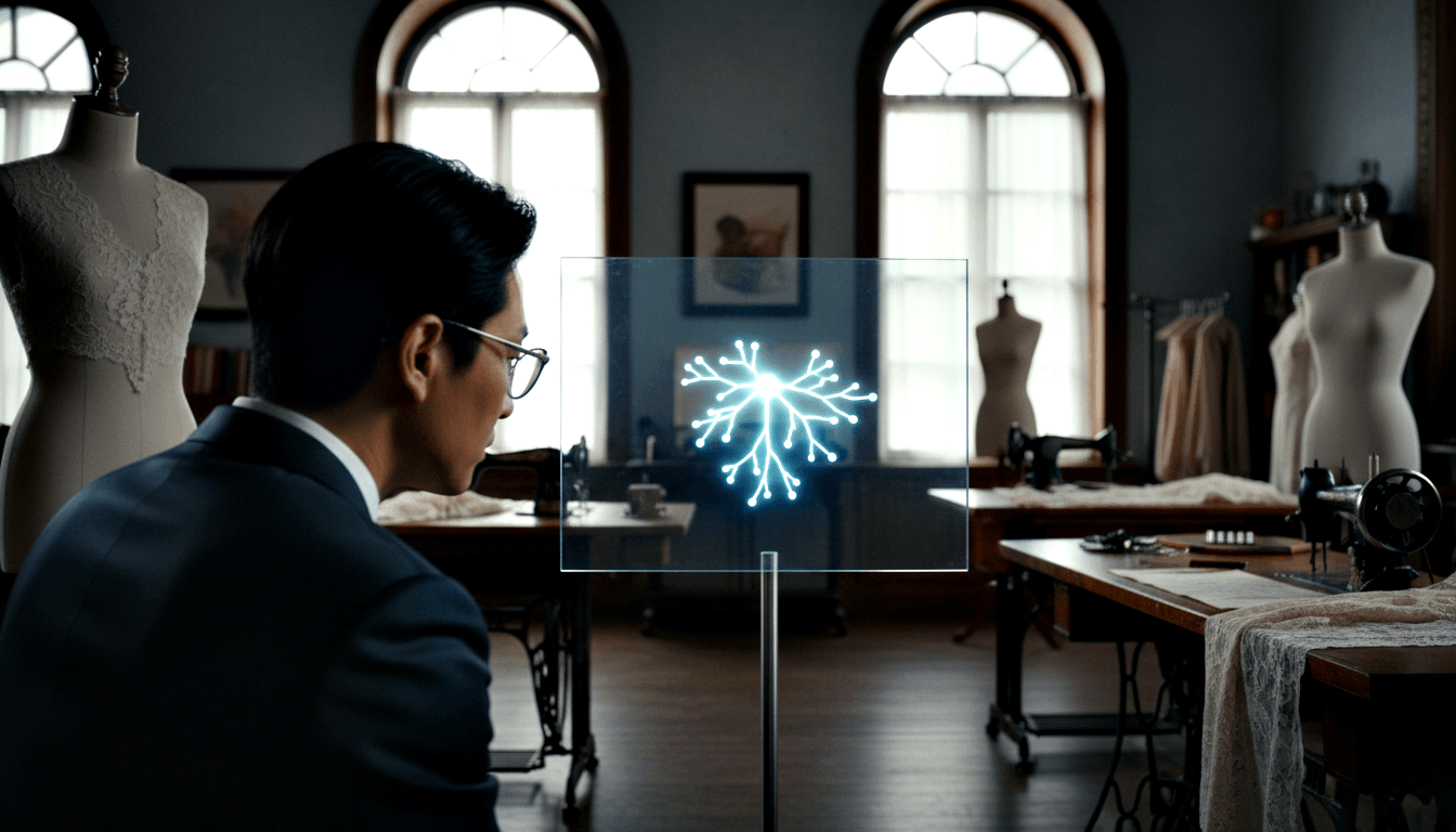 Person in dark navy suit and glasses stands before a glass panel displaying a glowing white-blue branching dendritic icon.