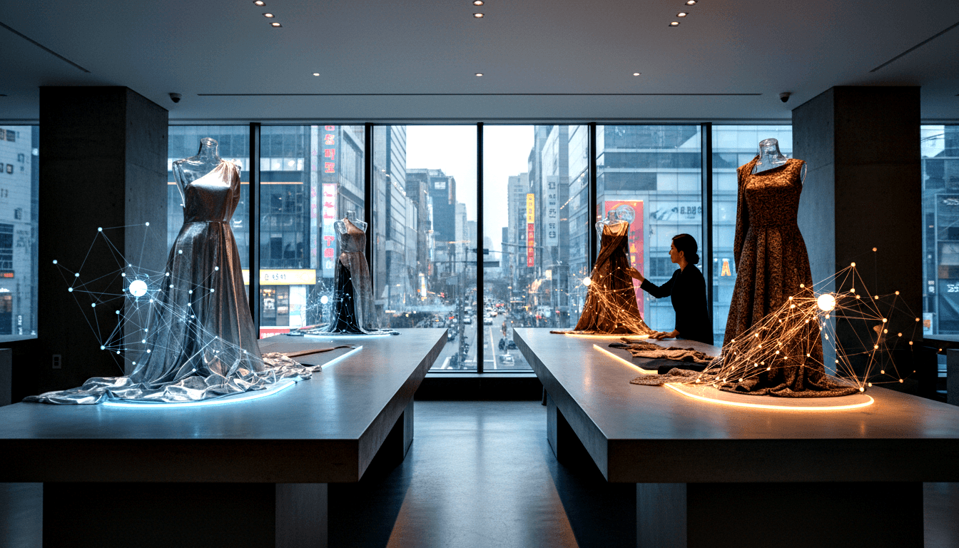 Fashion studio with four mannequins in elaborate dresses overlaid with glowing geometric wireframes; woman crouches adjusting one mannequin.